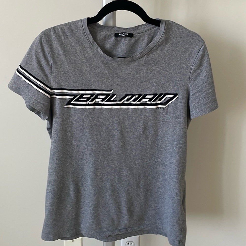 Balmain Paris Flock and print logo unisex grey cotton t shirt, size M